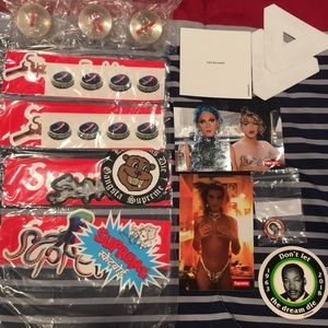 Supreme bouncy balls, supreme stickers, poppy seed
